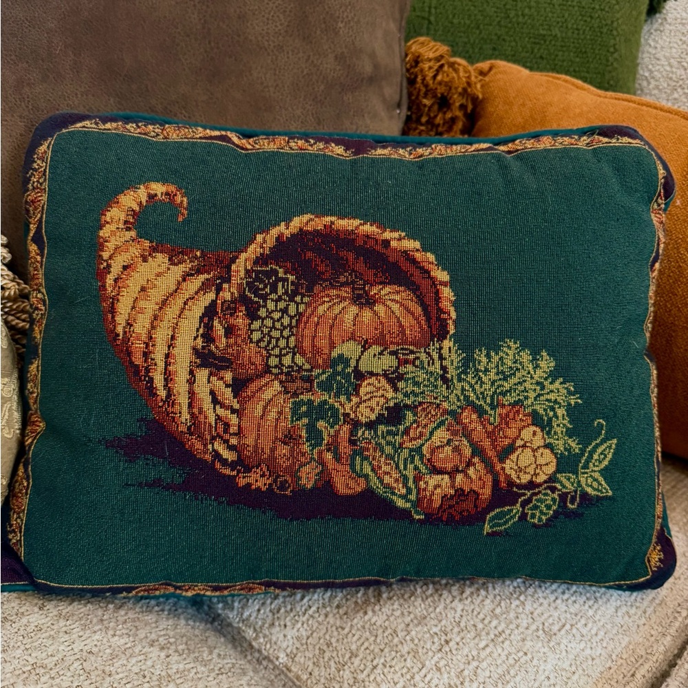 Cornicopia Needle Work Pillow Autumn Scene 17×11